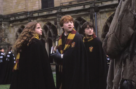 Ron Weasley, Hermione Granger, and Harry Potter, played by Rupert Grint, Emma Watson, and Daniel Radcliffe, stand together in a scene from Harry Potter and the Chamber of Secrets.