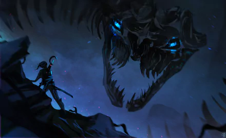 HD PC desktop wallpaper of a lone warrior confronting a massive dark creature with glowing blue eyes, jaws agape in a stormy, shadowed landscape background.