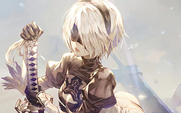 HD desktop wallpaper of YoRHa No.2 Type B from the video game NieR: Automata, featuring detailed artwork with the character holding a weapon.