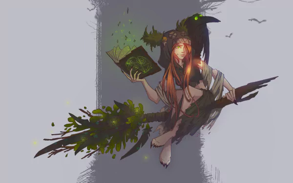 A fantasy HD desktop wallpaper featuring a long-haired orange-haired witch with green eyes, holding a book and broom, accompanied by a raven.