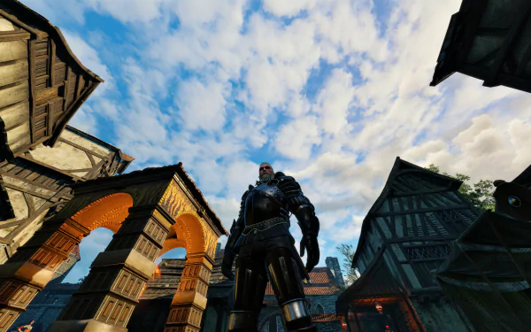Geralt of Rivia stands in a detailed medieval town under a vibrant sky, depicted in 8K Ultra HD from The Witcher 3: Wild Hunt video game.