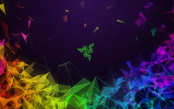 HD desktop wallpaper featuring Razer's green logo centered on a dark background, surrounded by vibrant RGB geometric shapes and technology-themed patterns.
