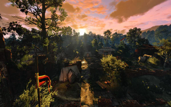 8K Ultra HD PC desktop wallpaper featuring a vibrant, detailed forest village scene from the video game The Witcher 3: Wild Hunt at sunset.