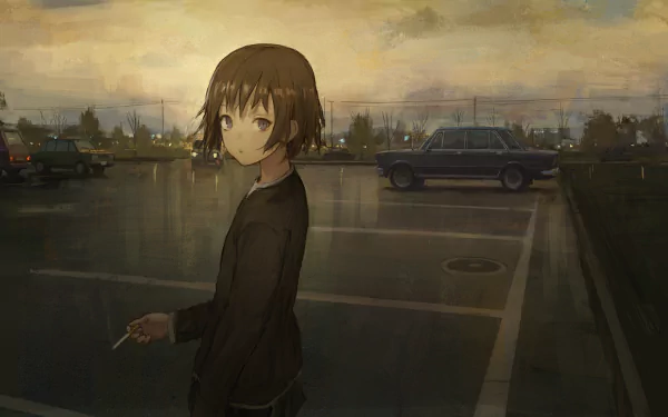 A brown-haired anime character with black eyes stands in a parking lot, casually holding a cigarette, with a vintage car in the background under a moody sky. HD desktop wallpaper.