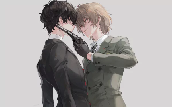 HD PC desktop wallpaper featuring Joker and Goro Akechi from the video game Persona 5, depicted in a close, intense confrontation.