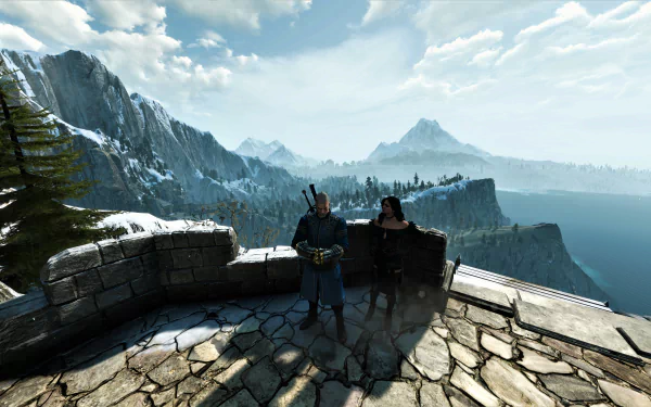 Geralt of Rivia and Yennefer of Vengerberg stand on a snowy cliff overlooking mountains and sea — 8K Ultra HD PC desktop wallpaper from The Witcher 3: Wild Hunt.
