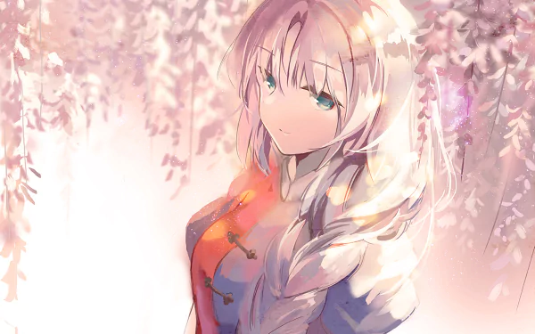 Eirin Yagokoro from Touhou is depicted in a softly lit anime HD desktop wallpaper, surrounded by delicate hanging blossoms with a serene expression.