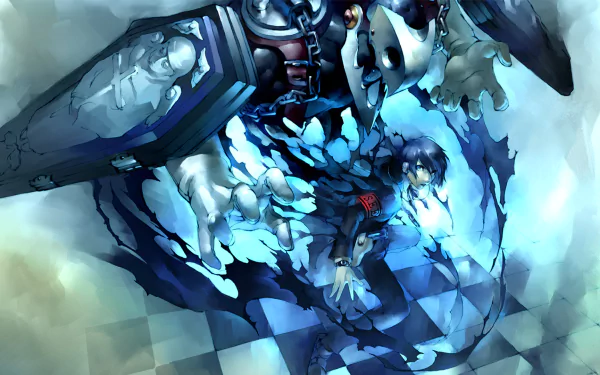 HD PC desktop wallpaper of Minato Arisato from the video game Persona 3 — blue-toned scene with shattered crystalline effects and an ethereal Persona looming above.