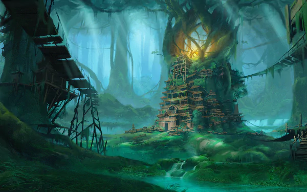 HD fantasy forest scene featuring an ancient temple entwined with giant tree roots, surrounded by mist and lush greenery, designed as a PC desktop wallpaper.