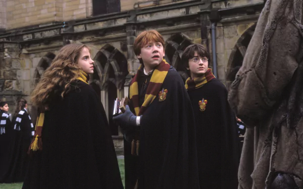 Ron Weasley, Hermione Granger, and Harry Potter, played by Rupert Grint, Emma Watson, and Daniel Radcliffe, stand together in a scene from Harry Potter and the Chamber of Secrets.