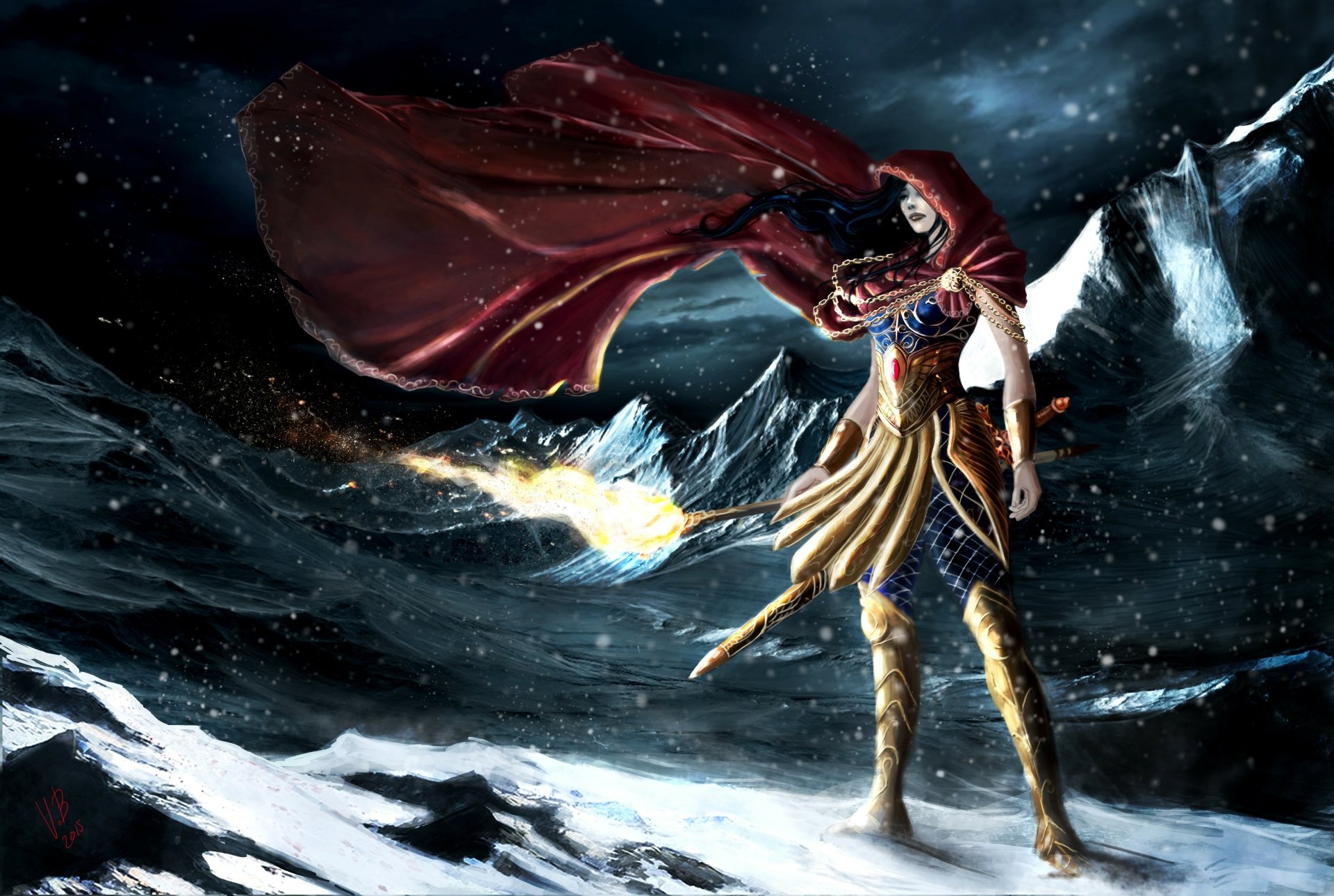 Download Torch Cape Winter Snow Warrior Fantasy Woman Warrior Fantasy Warrior Fantasy Winter 4k Ultra HD Wallpaper by Virginia Berrocal