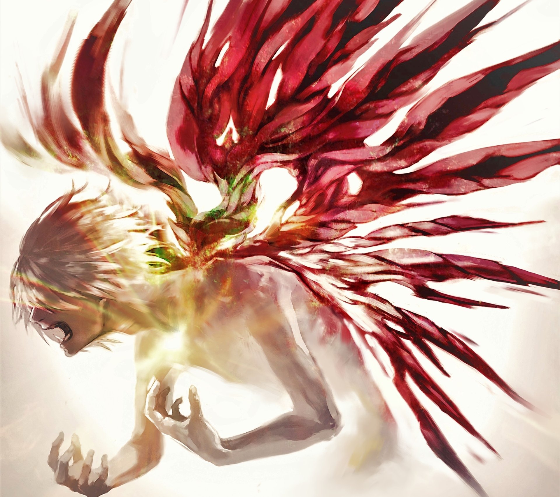 HD PC desktop wallpaper featuring Ken Kaneki from Tokyo Ghoul with dynamic red kagune wings spreading fiercely behind him.