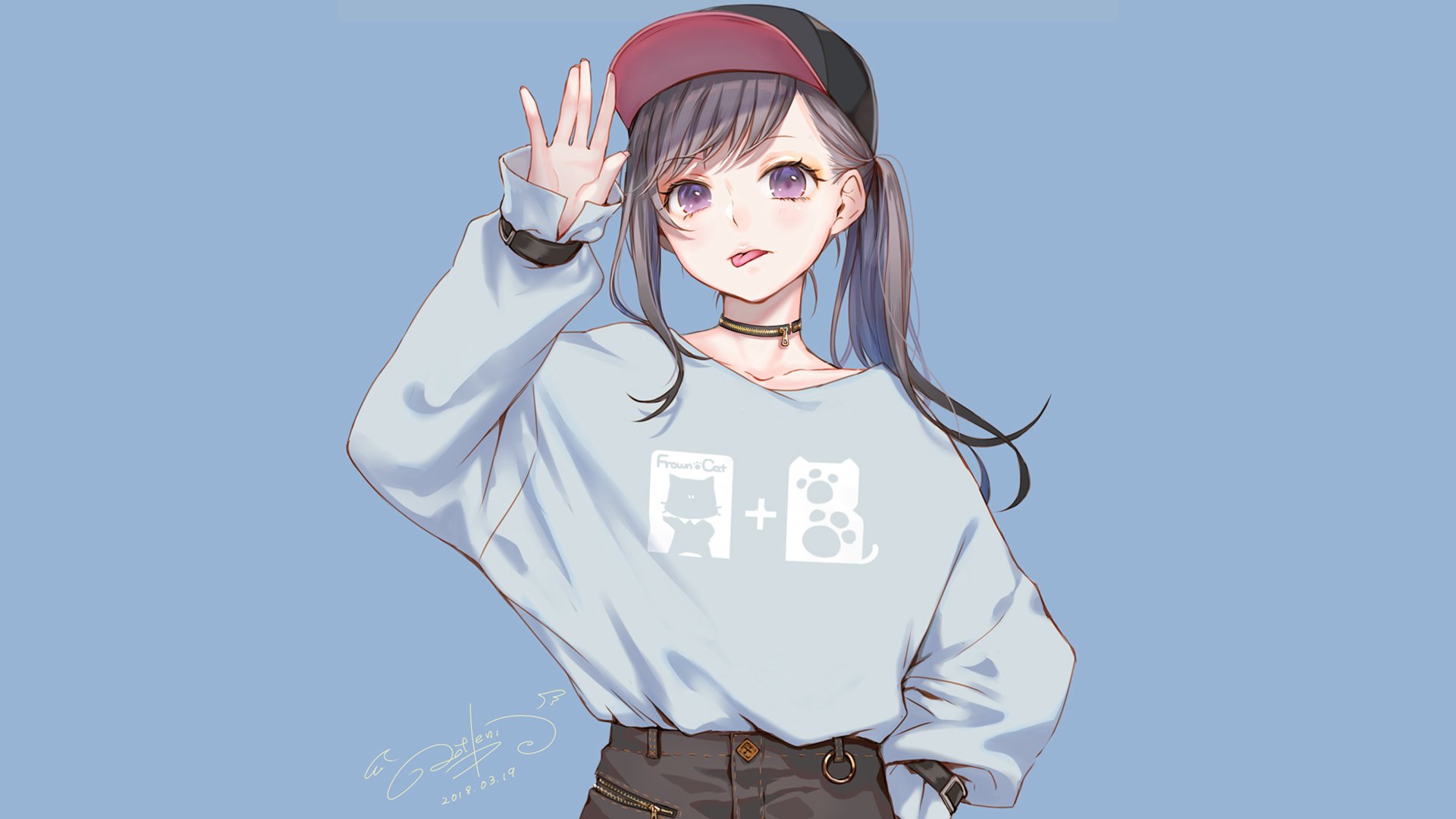 Anime girl with purple eyes wearing a cap, long-sleeved shirt, and choker. The HD desktop wallpaper's background is a solid light blue.