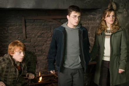 HD desktop wallpaper featuring Hermione Granger, Ron Weasley, and Harry Potter from the movie Harry Potter and the Order of the Phoenix, standing near a fireplace.