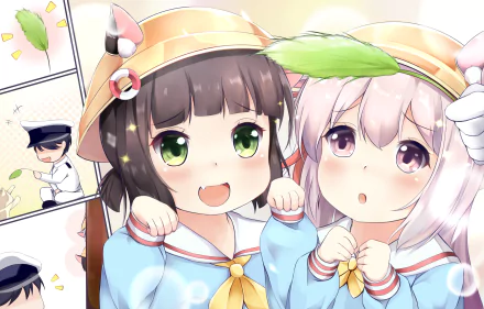 HD PC desktop wallpaper of Azur Lane's Mutsuki and Kisaragi in sailor outfits, wearing leaf hats and striking a cute, cheerful pose against a soft pastel background.