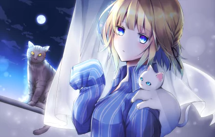 A captivating anime scene featuring a girl with blue eyes holding a white cat, with a grey cat in the background under a moonlit sky. An original HD wallpaper for cat lovers.