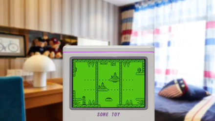 HD desktop wallpaper featuring The Adventures of Elena Temple game on a retro handheld console in a cozy room setting.