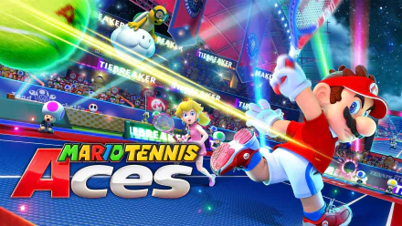 HD desktop wallpaper of Mario Tennis Aces featuring Mario in action with Princess Peach in the background.