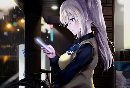 Anime character Mai Kawakami from Musaigen no Phantom World is portrayed with white twintails and purple eyes, standing in the rain and looking at her smartphone. She wears a bow and dark clothing.