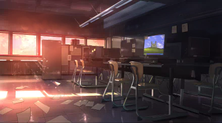 HD anime original desktop wallpaper depicting a sunlit classroom with empty chairs, desks, scattered papers, and a computer screen displaying a nature scene.