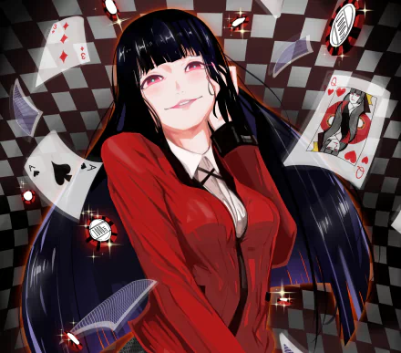 HD anime desktop wallpaper featuring Yumeko Jabami from Kakegurui with playing cards and a checkered background.