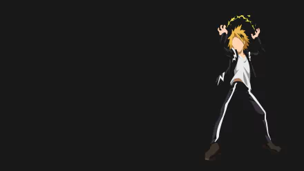 A minimalist HD wallpaper featuring Denki Kaminari from My Hero Academia, showcasing his iconic blonde hair and electric powers against a dark background.