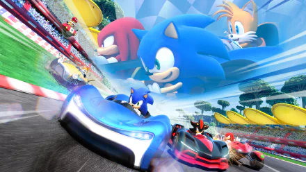 4K Ultra HD Team Sonic Racing wallpaper featuring Sonic the Hedgehog, Miles 'Tails' Prower, Shadow the Hedgehog, and Knuckles the Echidna in high-speed action on a vibrant race track.