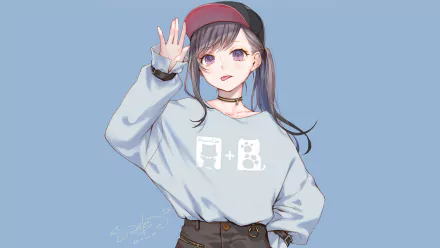Anime girl with purple eyes wearing a cap, long-sleeved shirt, and choker. The HD desktop wallpaper's background is a solid light blue.