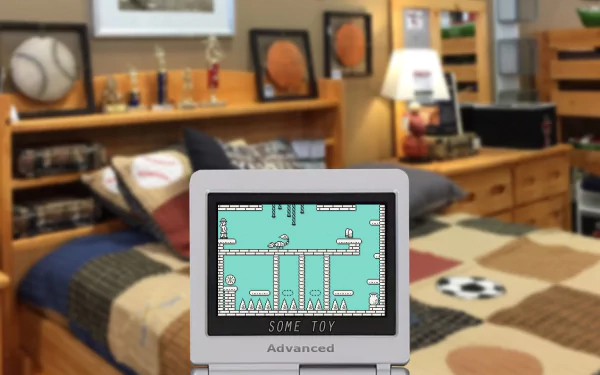 HD desktop wallpaper showing The Adventures of Elena Temple game on a classic handheld console, with a cozy bedroom background.