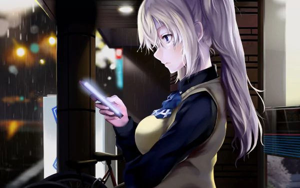Anime character Mai Kawakami from Musaigen no Phantom World is portrayed with white twintails and purple eyes, standing in the rain and looking at her smartphone. She wears a bow and dark clothing.