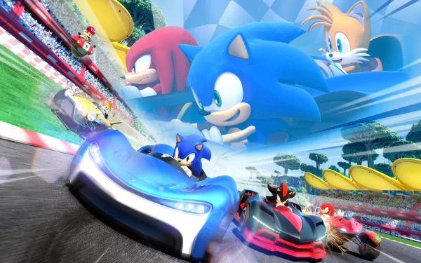 4K Ultra HD Team Sonic Racing wallpaper featuring Sonic the Hedgehog, Miles 'Tails' Prower, Shadow the Hedgehog, and Knuckles the Echidna in high-speed action on a vibrant race track.