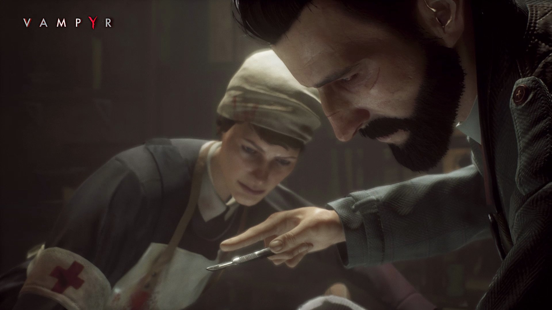 HD PC desktop wallpaper from the video game Vampyr, depicting a tense moment between a bearded man and a nurse wearing a Red Cross apron.