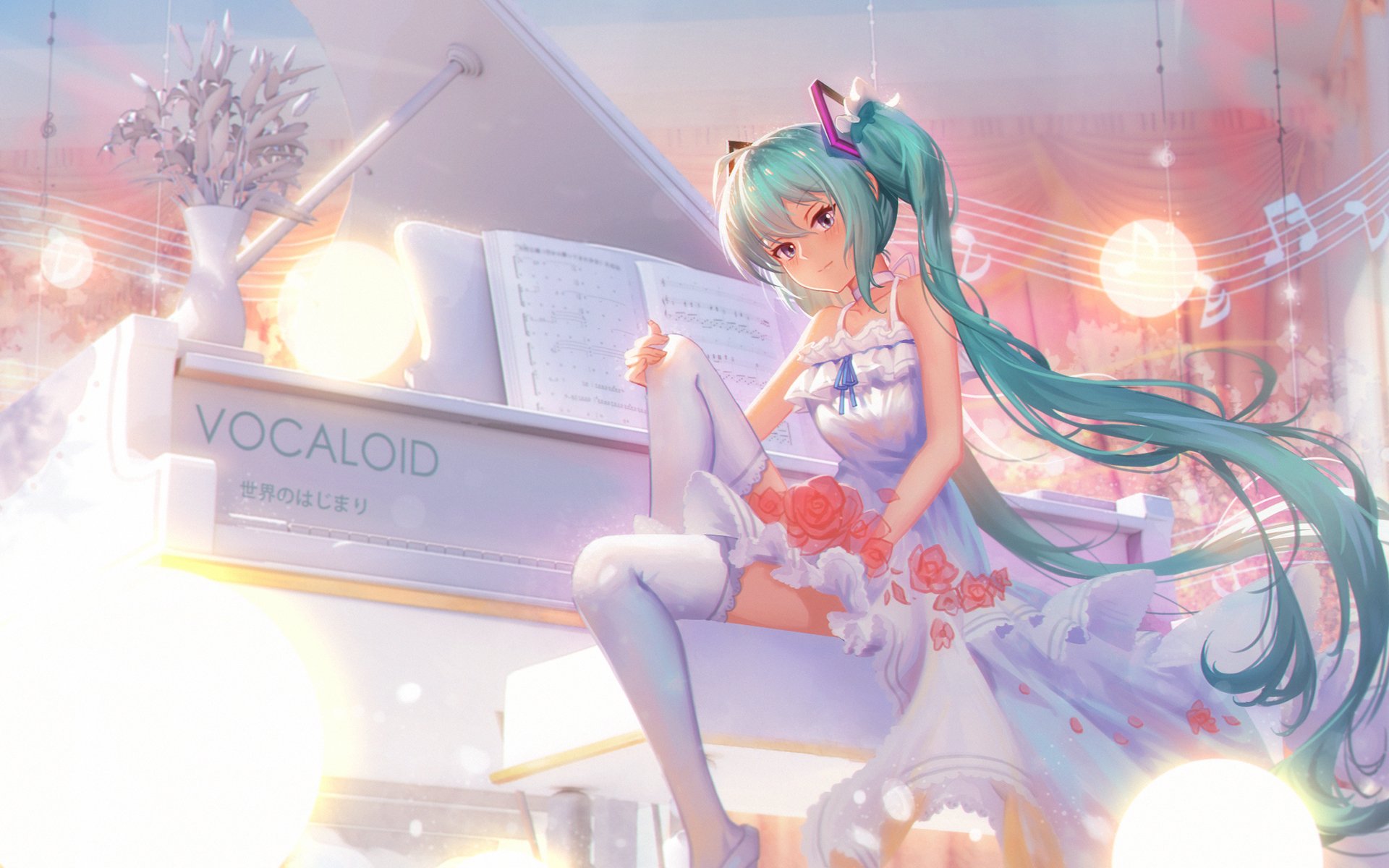 Wallpaper girl, anime, art, kit, piano, Vocaloid for mobile and desktop,  section арт, resolution 3840x1848 - download