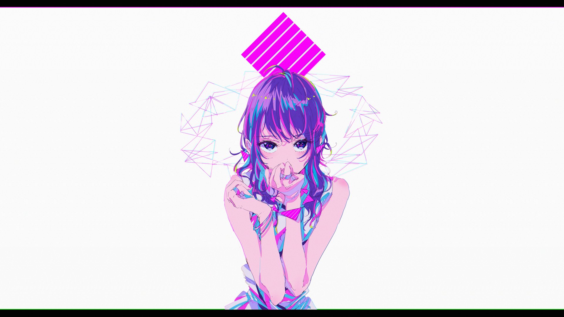 A vibrant anime character with purple hair and striking eyes, surrounded by geometric shapes, featured in a 4K Ultra HD desktop wallpaper and background.