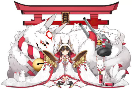 HD desktop wallpaper featuring Nagato from Azur Lane in an anime style. The background includes a traditional red gate and various white kitsune spirits, adding to the mystical ambiance.