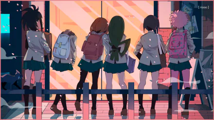 Anime HD wallpaper featuring characters from My Hero Academia. Five characters in school uniforms stand together, facing a brightly lit entrance.