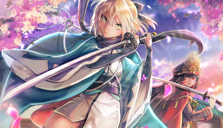 HD PC wallpaper featuring Demon Archer and Sakura Saber from Fate/Grand Order in a vibrant anime-style scene with cherry blossoms and dynamic poses.
