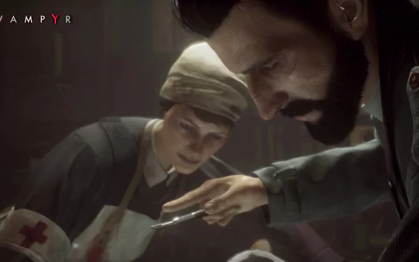 HD PC desktop wallpaper from the video game Vampyr, depicting a tense moment between a bearded man and a nurse wearing a Red Cross apron.