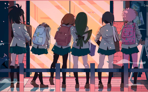 Anime HD wallpaper featuring characters from My Hero Academia. Five characters in school uniforms stand together, facing a brightly lit entrance.