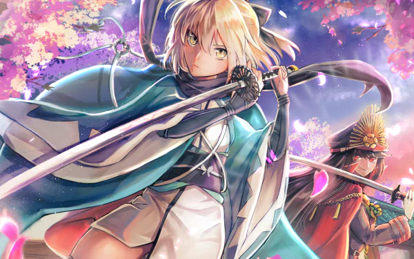HD PC wallpaper featuring Demon Archer and Sakura Saber from Fate/Grand Order in a vibrant anime-style scene with cherry blossoms and dynamic poses.