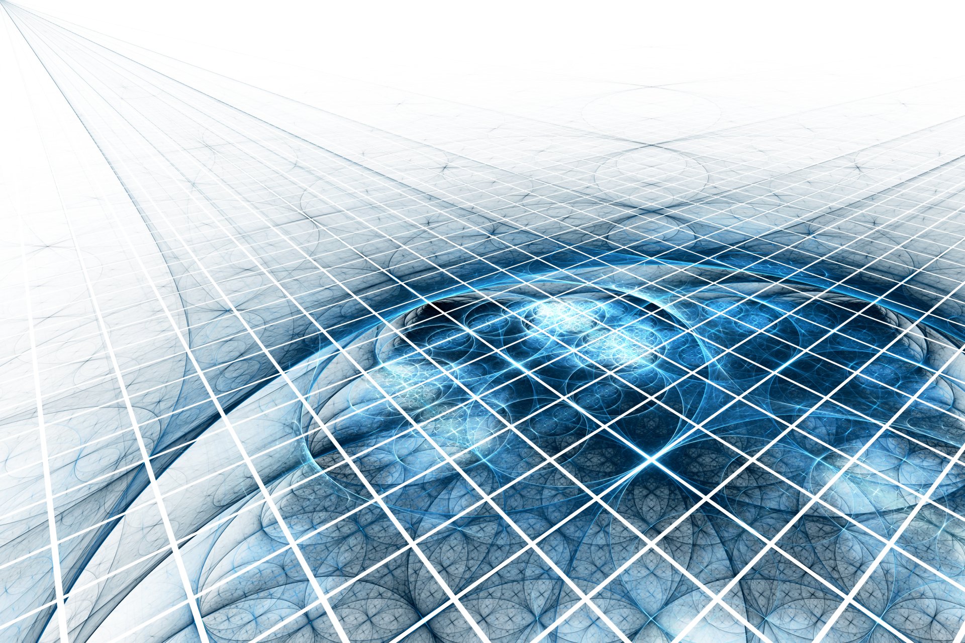 Abstract cube grid warping over a luminous blue sphere, high-detail 5K Ultra HD PC desktop wallpaper and background.