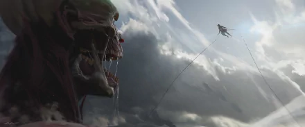HD desktop wallpaper from Attack on Titan featuring the Colossal Titan and Mikasa Ackerman with a dramatic cloudy sky.