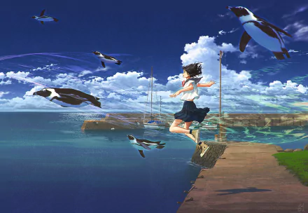 An anime girl in a summer uniform jumps joyfully by the sea, surrounded by soaring penguins under a vibrant sky, creating a lively and enchanting scene.