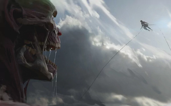 HD desktop wallpaper from Attack on Titan featuring the Colossal Titan and Mikasa Ackerman with a dramatic cloudy sky.