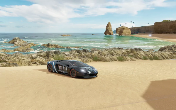Forza Horizon 3 video game HD PC desktop wallpaper: black supercar on a sunlit sandy beach with turquoise water, rocky coastline and cliffs under a bright blue sky.