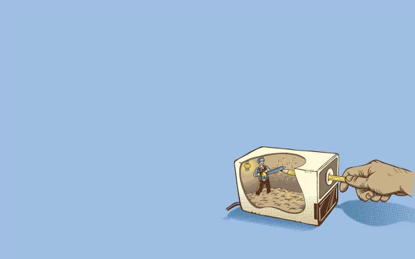HD wallpaper featuring a humorous and creative art piece of a chainsaw-wielding figure inside a pencil sharpener against a blue background.