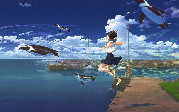 Anime Girl Penguin Summer Uniform Sky Sea HD Wallpaper | Background Image