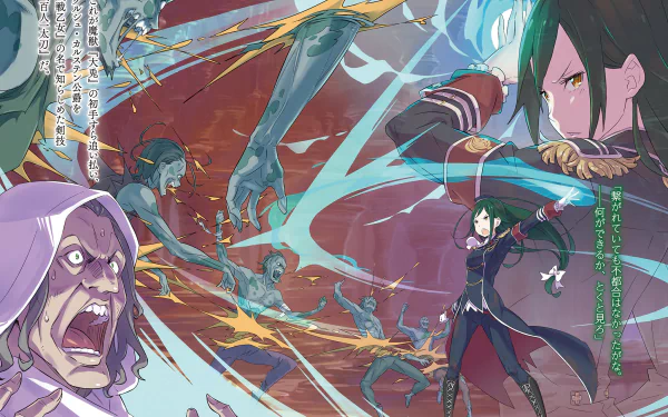 HD PC desktop wallpaper featuring Miles and Crusch Karsten from the anime Re:Zero - Starting Life in Another World in dynamic action scenes with vivid colors and effects.