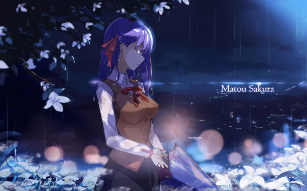 HD desktop wallpaper featuring Sakura Matou from Fate/stay Night Movie: Heaven's Feel. The scene shows Sakura standing among falling petals under a moonlit sky, creating a serene and picturesque atmosphere.