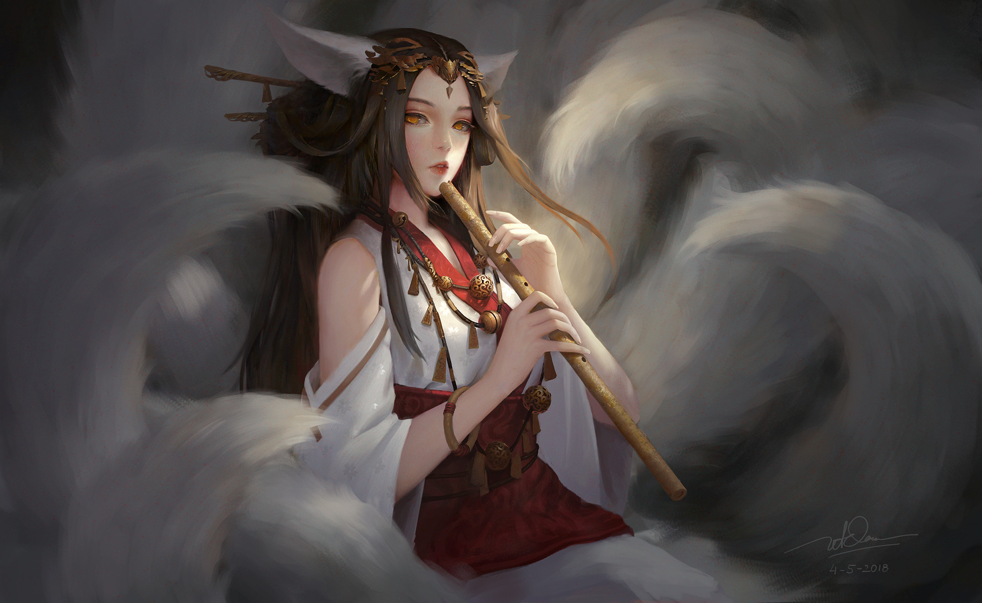 Cat Woman with Flute by Dao Trong Le